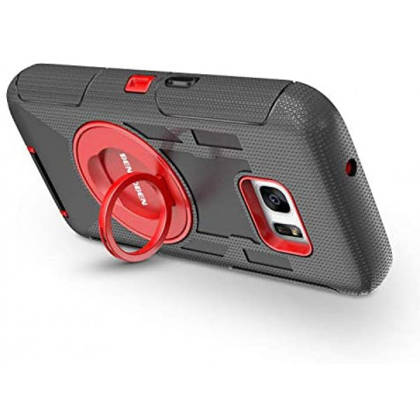 [해외] BENTOBEN 삼성갤럭시 S7 Case, 4in1 Hybrid Shockproof Heavy Duty Rugged Full Body Protective Cover Built-in Rotating Kickstand Swivel Belt Clip Holster Case for Samsung Galaxy S7- Black/Red