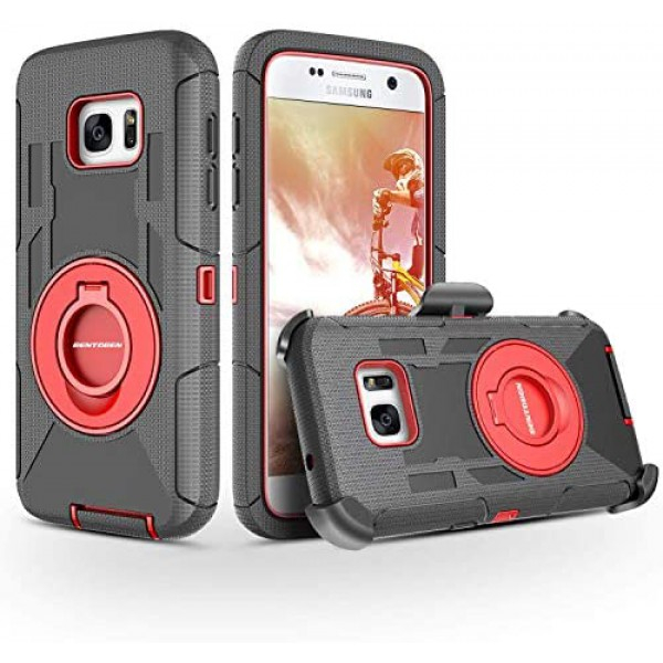 [해외] BENTOBEN 삼성갤럭시 S7 Case, 4in1 Hybrid Shockproof Heavy Duty Rugged Full Body Protective Cover Built-in Rotating Kickstand Swivel Belt Clip Holster Case for Samsung Galaxy S7- Black/Red