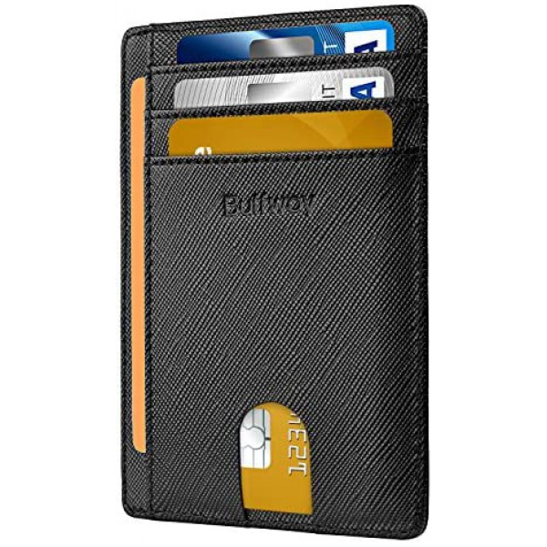 [해외] Buffway 슬립 미니 RFID 포켓 가죽 지갑 Slim Minimalist Front Pocket RFID Blocking Leather Wallets for Men Women - Cross Black