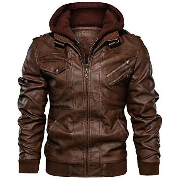 [해외] JYG 남성 모터사이클/바이크 가죽 잠바(후드티 분리 가능)Mens Faux Leather Motorcycle Jacket with Removable Hood
