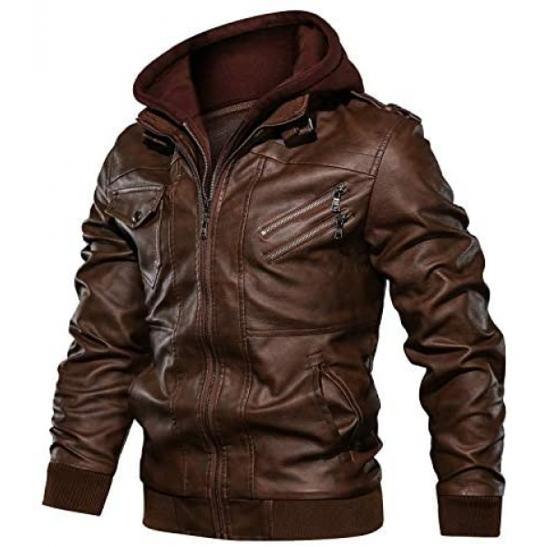 [해외] JYG 남성 모터사이클/바이크 가죽 잠바(후드티 분리 가능)Mens Faux Leather Motorcycle Jacket with Removable Hood