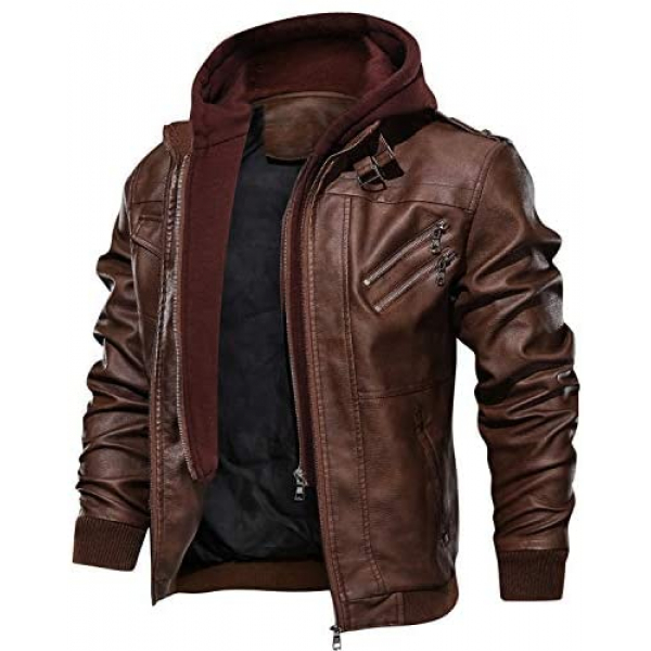 [해외] JYG 남성 모터사이클/바이크 가죽 잠바(후드티 분리 가능)Mens Faux Leather Motorcycle Jacket with Removable Hood